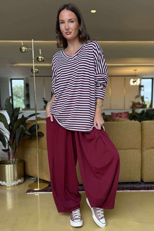 Made in Italy Perfect Breton V Long Sleeve Top Burgundy - **